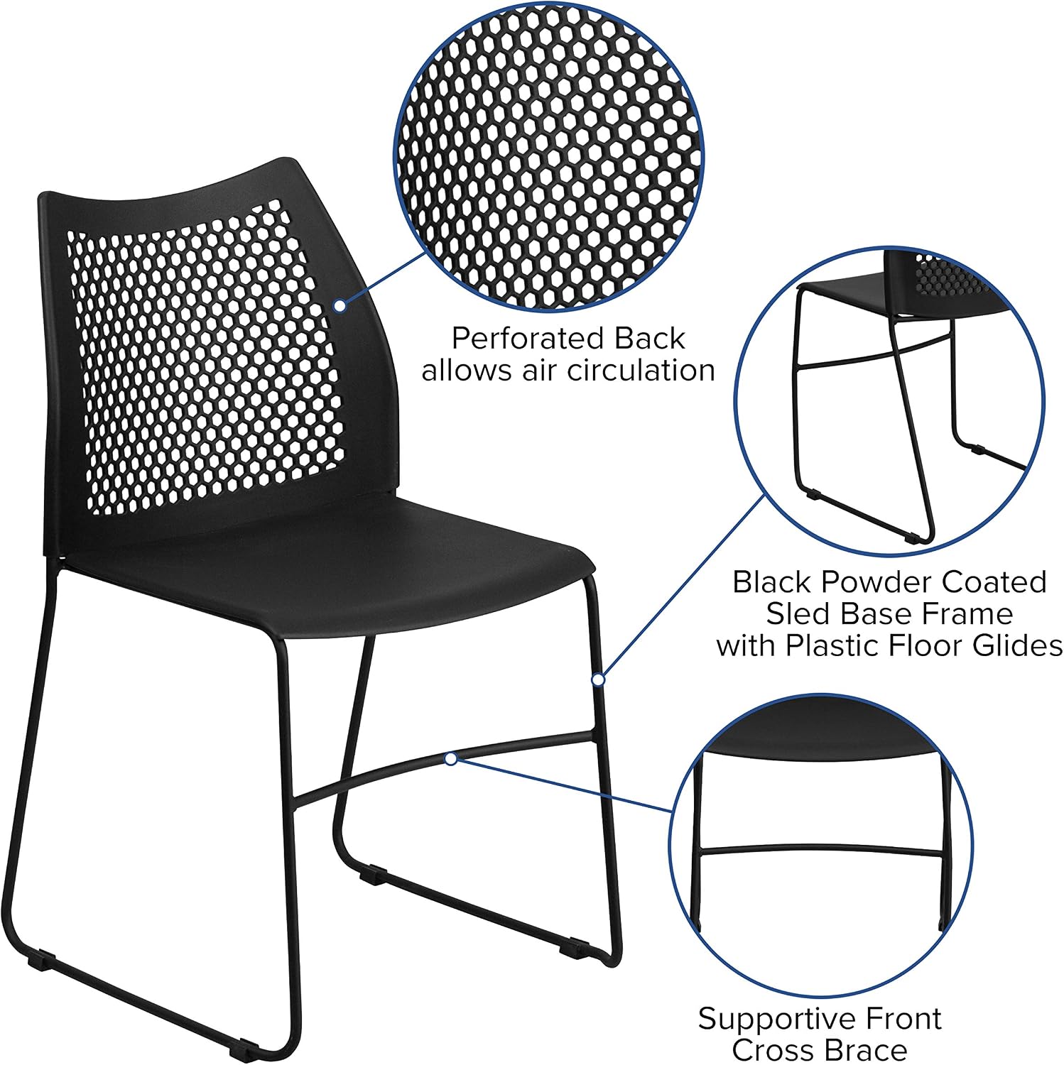 EMMA + OLIVER Home and Office Black Sled Base Stack Chair with Air-Vent Back - Guest Chair