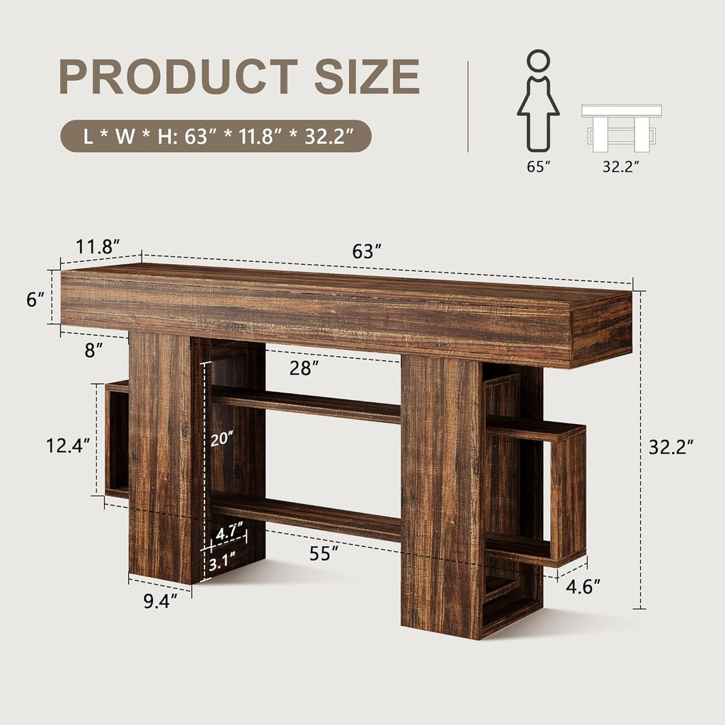 Feonase 63 Inches Long Console Table for Entryway, Wood Sofa Table Behind Couch with 3-Tier Storage, Narrow Entry Hallway Table for Living Room Entrance Foyer, Rustic Brown
