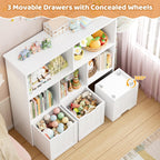 FOTOSOK Toy Storage Organizer with 3 Movable Drawers, Toy Organizer with Hidden Wheels and 5 Open Cubbies, Stuffed Animal Storage Organizer, Multifunctional Toy Chest for Playroom, White