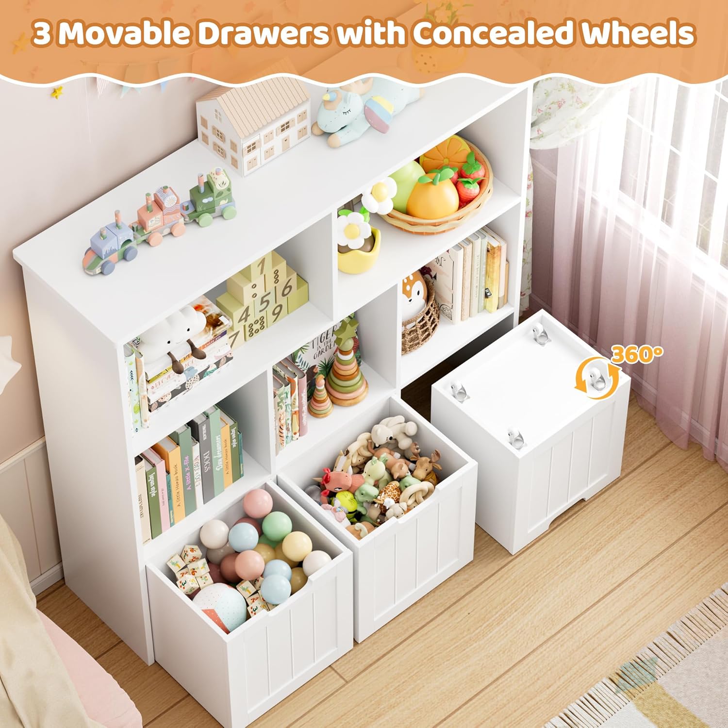 FOTOSOK Toy Storage Organizer with 3 Movable Drawers, Toy Organizer with Hidden Wheels and 5 Open Cubbies, Stuffed Animal Storage Organizer, Multifunctional Toy Chest for Playroom, White