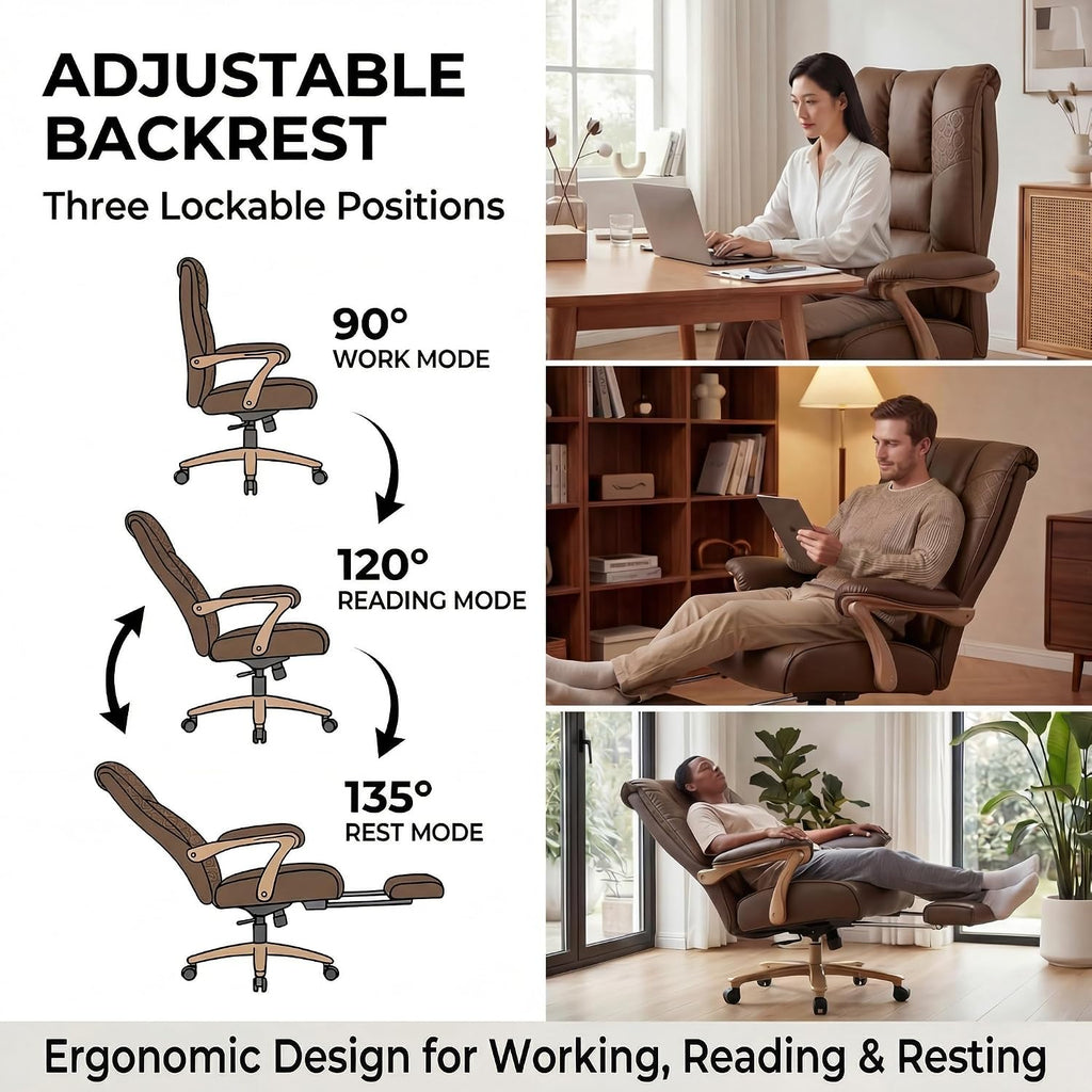 EXCEBET Big and Tall Office Chair 400lbs Wide Seat, Ergonomic Executive Desk Office Chair with Footrest, High Back PU Leather Chair with Lumbar Support, Padded Armrests, Heavy Duty Base, Brown