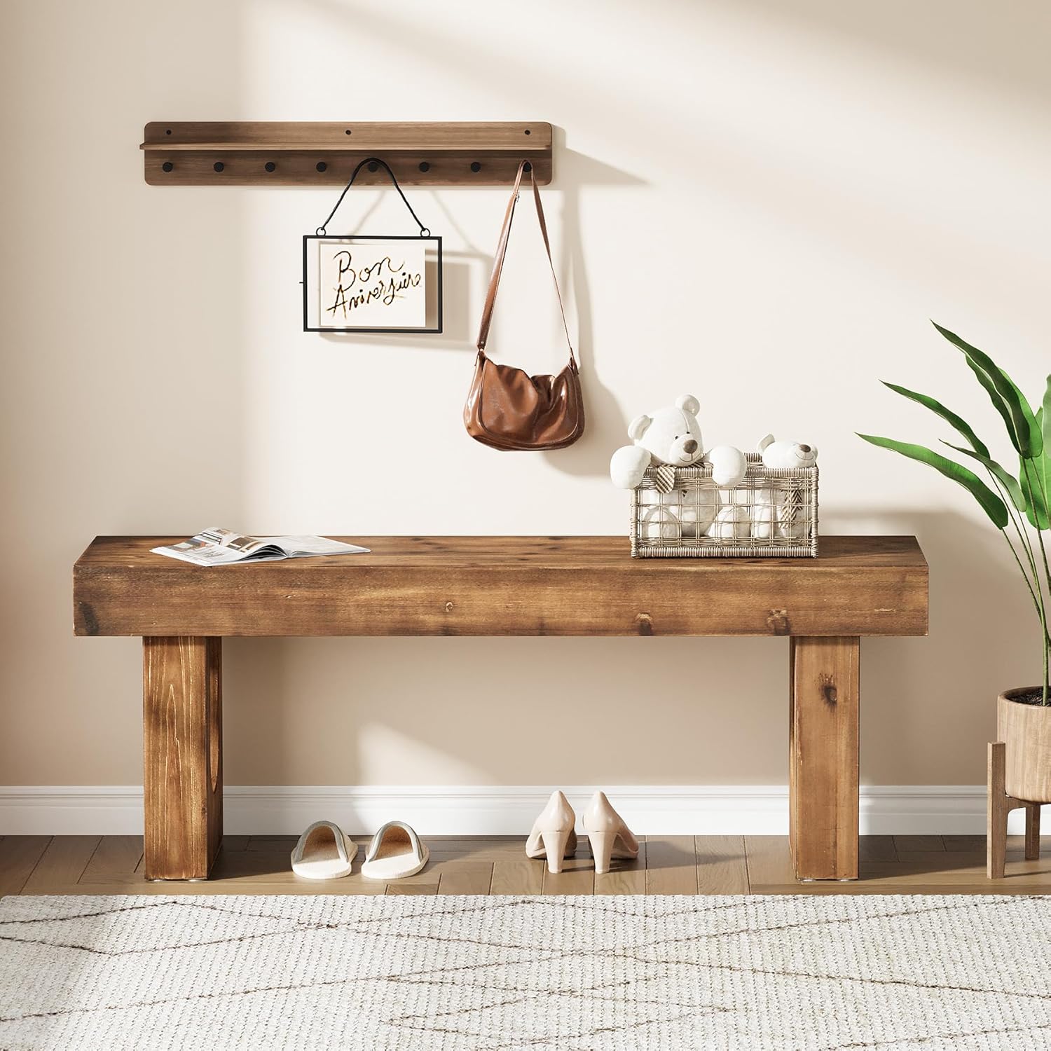Solid Wood Shoe Bench, 47" Long Farmhouse Entryway Bench with Sturdy Legs, Narrow Rustic End of Bed Bench for Hallway, Living Room, Bedroom, Easy Assembly