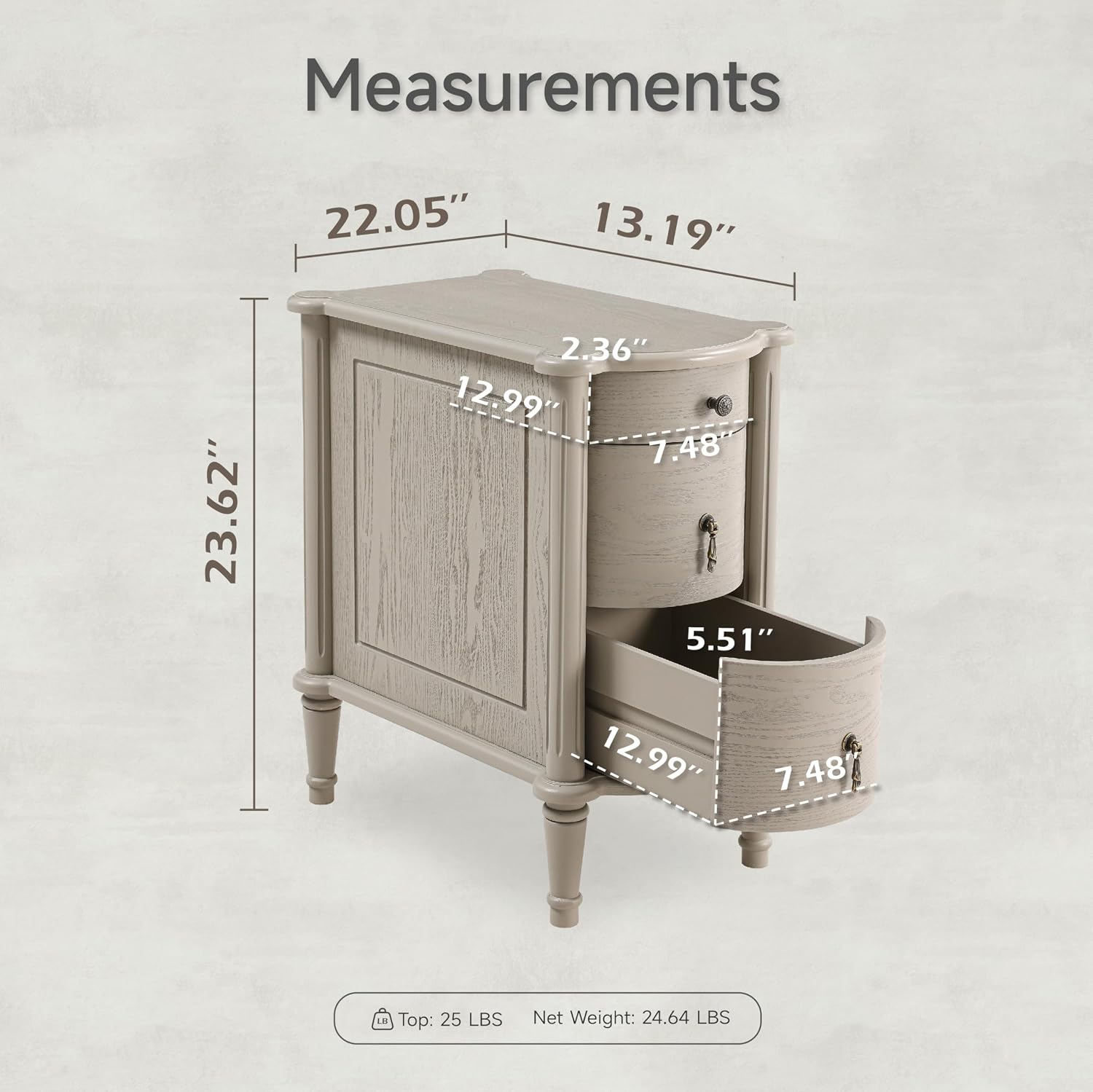 COZAYH Farmhouse 3 Drawer Nightstand with Charging Station, Bedside Table with Vintage Bronze Handles for Bedroom, Almost Fully Assembled, Solid Pine Legs, Distressed Finish, Rustic Gray