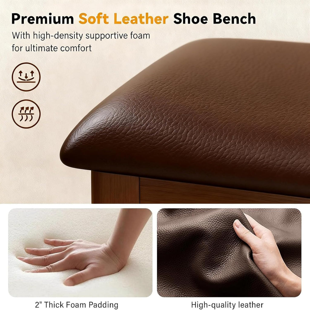 Shoe Bench Storage with Leather Cushion, Rustic Solid Wood Entryway Bench with 2 Height-Adjustable and Removable Shelves for Hallway, Living Room, Mudrooms (Dark Brown,47.2")