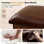 Shoe Bench Storage with Leather Cushion, Rustic Solid Wood Entryway Bench with 2 Height-Adjustable and Removable Shelves for Hallway, Living Room, Mudrooms (Dark Brown,47.2")