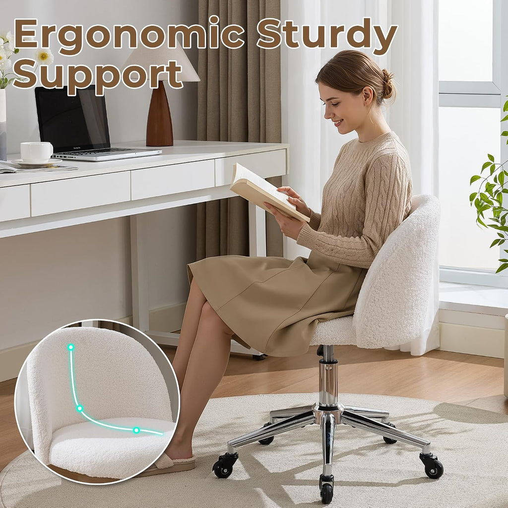 Home Office Chair with Quiet Wheels - Armless Vanity Chair Vanity Stool, 360 Swivel Height Adjustable White