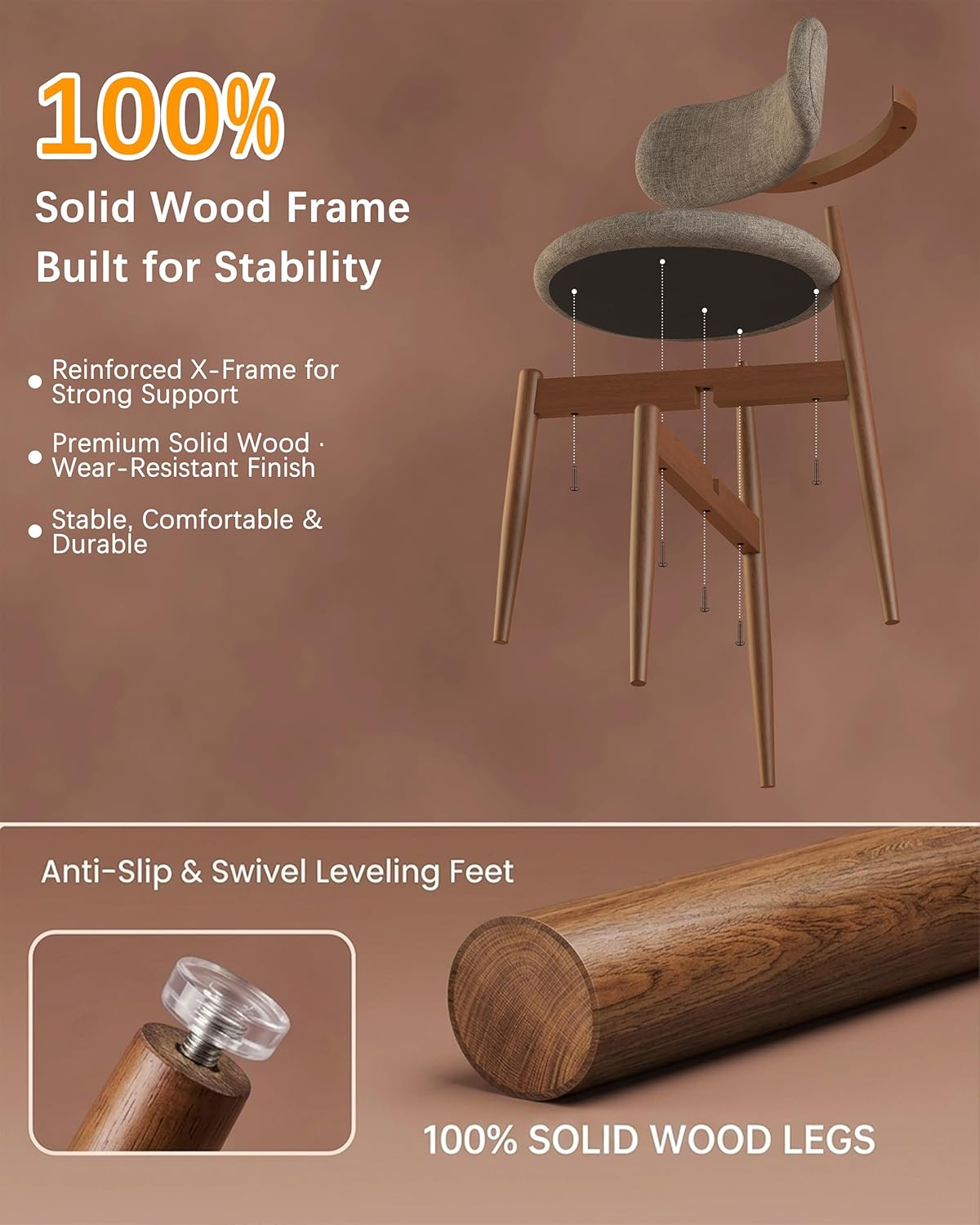 Wooden Dining Chairs Set of 4, Mid Century Modern Upholstered Kitchen Chairs with Solid Wood Legs, 350lb Heavy Duty Padded Side Chairs for Dining Room & Vanity, Camel