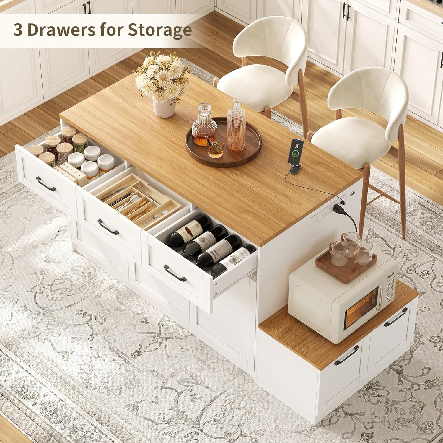70.8" Farmhouse Kitchen Island with Charging Station, 3 Drawers & Cabinets, Large Small Combo Buffet Table with Adjustable Shelves, Butcher Block Countertop, Kitchen Dining Room, White