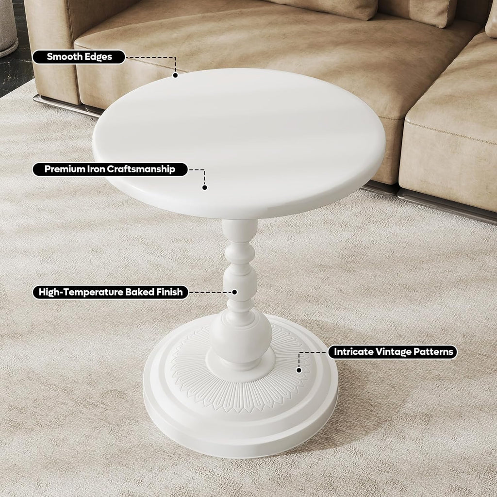 Pinmoco Round Side Table, Metal End Table, Intricate Vintage Patterns, Sturdy and Solid Base, Anti-Rust and Waterproof Small Coffee Table for Living Room, Bedroom, Balcony, White