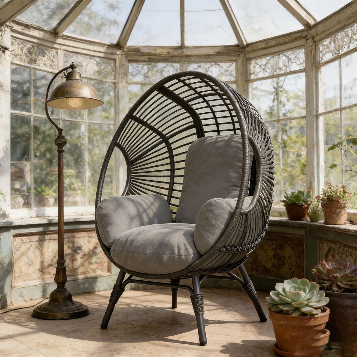 Indoor Egg Chair Wicker Outdoor, 400lbs Capacity, Weather-Resistant PE Rattan, 8-Inch Cushion Balcony Chairs(Black+Gray)