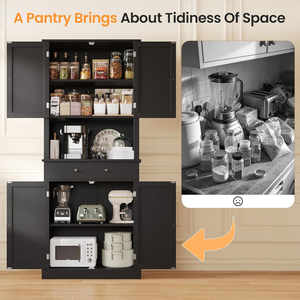 Apicizon 71’’ Tall Kitchen Pantry Storage Cabinet, Modern Kitchen Hutch Bar Cabinet with Microwave Stand & 3 Adjustable Shelves, Cupboard with Deep Drawer, Wood Buffet Sideboard for Dining Room, Black