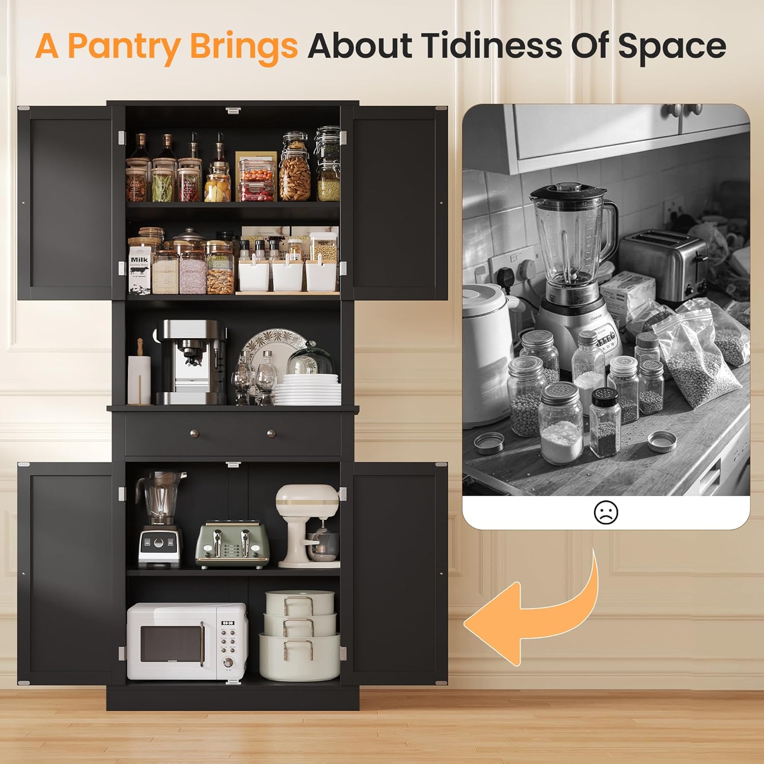 Apicizon 71’’ Tall Kitchen Pantry Storage Cabinet, Modern Kitchen Hutch Bar Cabinet with Microwave Stand & 3 Adjustable Shelves, Cupboard with Deep Drawer, Wood Buffet Sideboard for Dining Room, Black