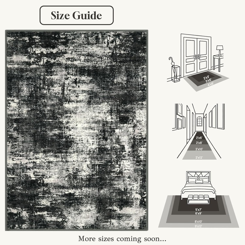 Lansny Abstract Small Area Rug 2x3 Entryway Rugs Washable Door Mat Entrance, Non Slip Kitchen Rugs, Rubber Backed Throw Rug Printed Faux Wool Floor Carpet for Front Door Foyer Entry Sink, Black Grey
