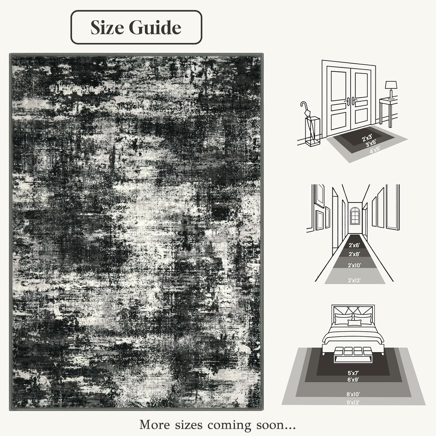 Lansny Abstract Small Area Rug 2x3 Entryway Rugs Washable Door Mat Entrance, Non Slip Kitchen Rugs, Rubber Backed Throw Rug Printed Faux Wool Floor Carpet for Front Door Foyer Entry Sink, Black Grey