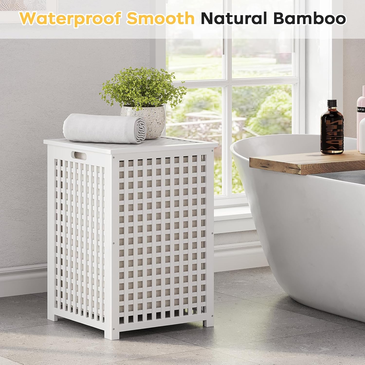 oakvivo Bamboo Laundry Hamper, 17.7" x 17.7" x 25.6" Bathroom Waterproof Wood Laundry Basket with Lid and Handles, Laundry Sorter with Removable Washing Bag, Laundry Bin Organizer for Bedroom(White)