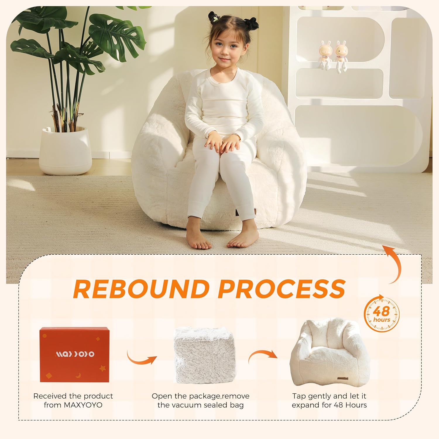 MAXYOYO Kids Bean Bag Chair, Comfy Bean Bag Sofa with Back Support, Faux Fur Cute Chair for Boys and Girls, Stuffed Floor Sofa for Nursery, Bedroom, Beige