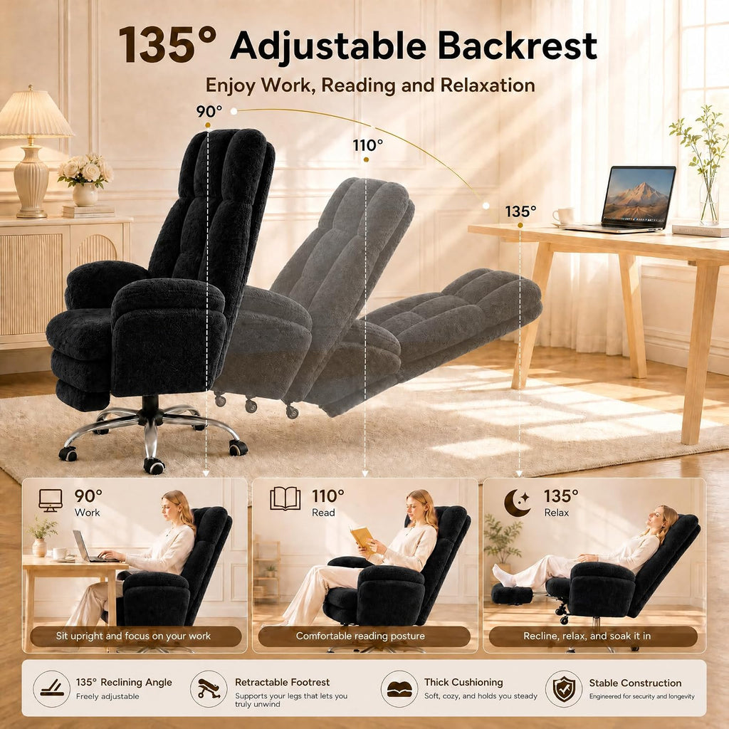 Big and Tall Office Chair, Executive Ergonomic Computer Gaming Chair with Foot Rest, Flip Armrests for Pets & Extra Space, Crystal Velvet Wide Seat Reclining Desk Chair, Black