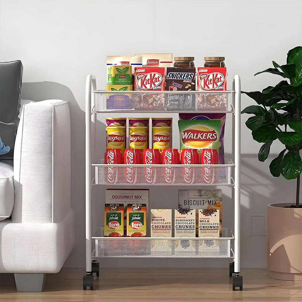 Storage Carts 3-Tier, Metal Utility Rolling Cart with Wheels, Snack Shelves, Fruit Basket Stand for Living Room, Kitchen, Office, with 360° Wheels & Hooks, White