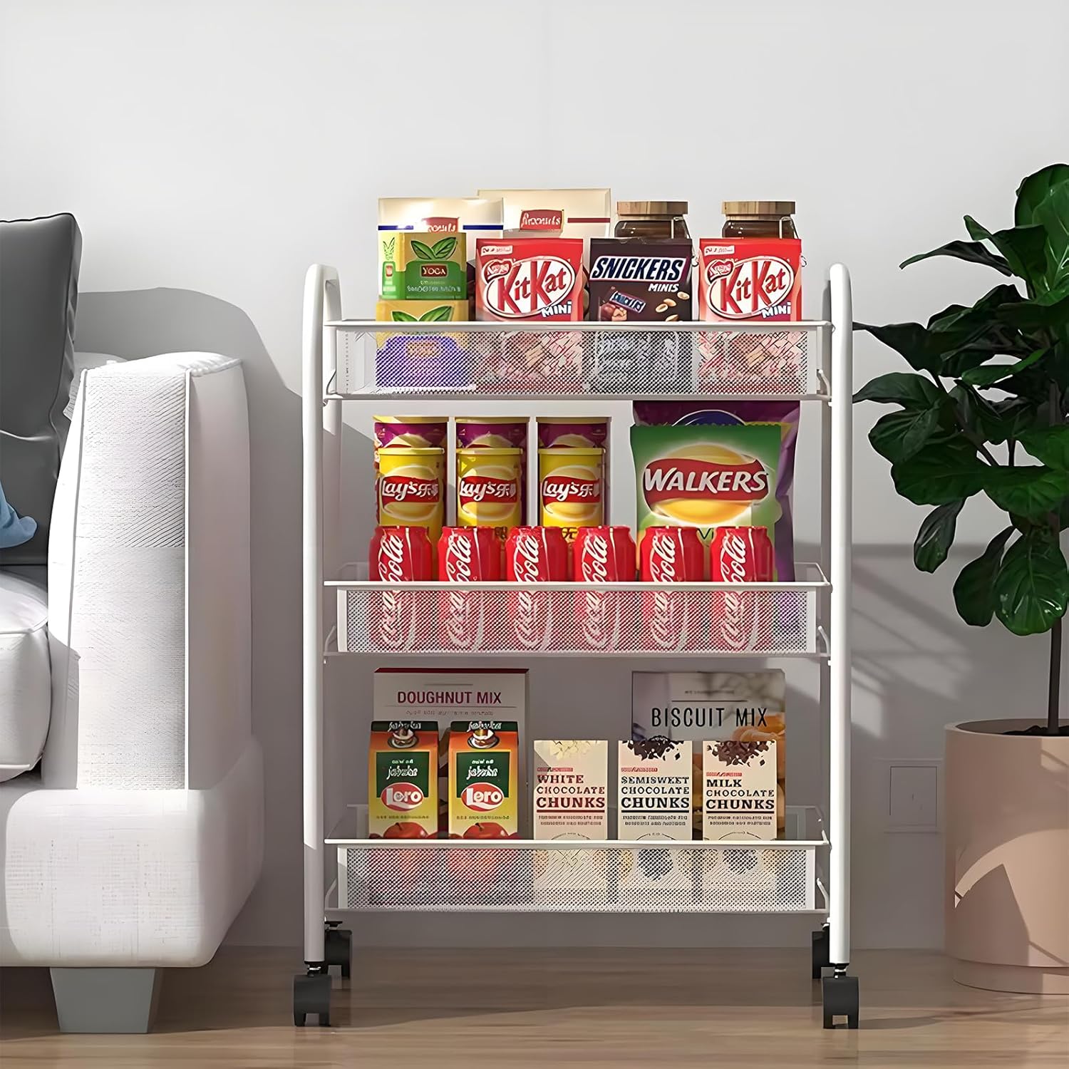 Storage Carts 3-Tier, Metal Utility Rolling Cart with Wheels, Snack Shelves, Fruit Basket Stand for Living Room, Kitchen, Office, with 360° Wheels & Hooks, White