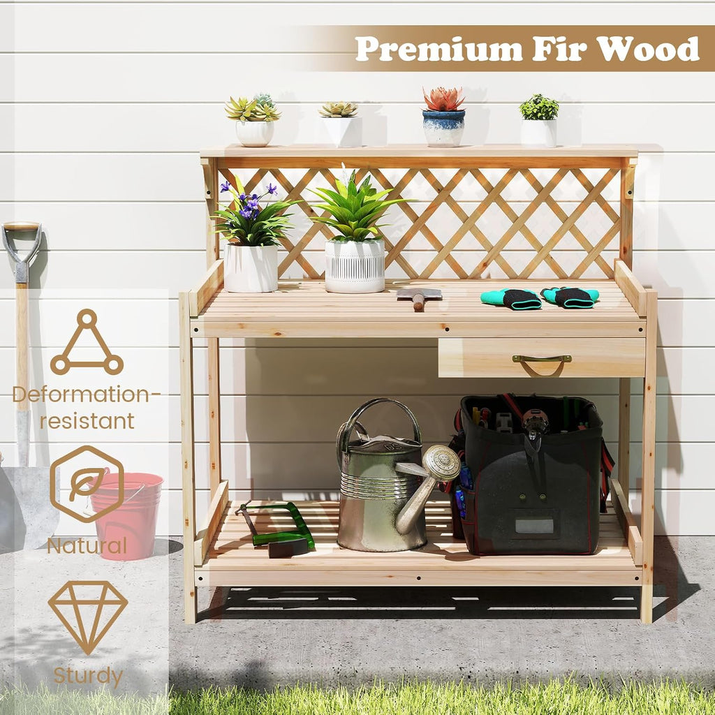 TANGZON Garden Potting Table, Solid Fir Wood Planting Workstation with Versatile trellis, Drawer, Raised Edge, Top & Lower Shelf, Wooden Flower Potting Bench for Backyard Balcony Lawn