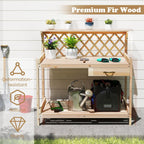 TANGZON Garden Potting Table, Solid Fir Wood Planting Workstation with Versatile trellis, Drawer, Raised Edge, Top & Lower Shelf, Wooden Flower Potting Bench for Backyard Balcony Lawn