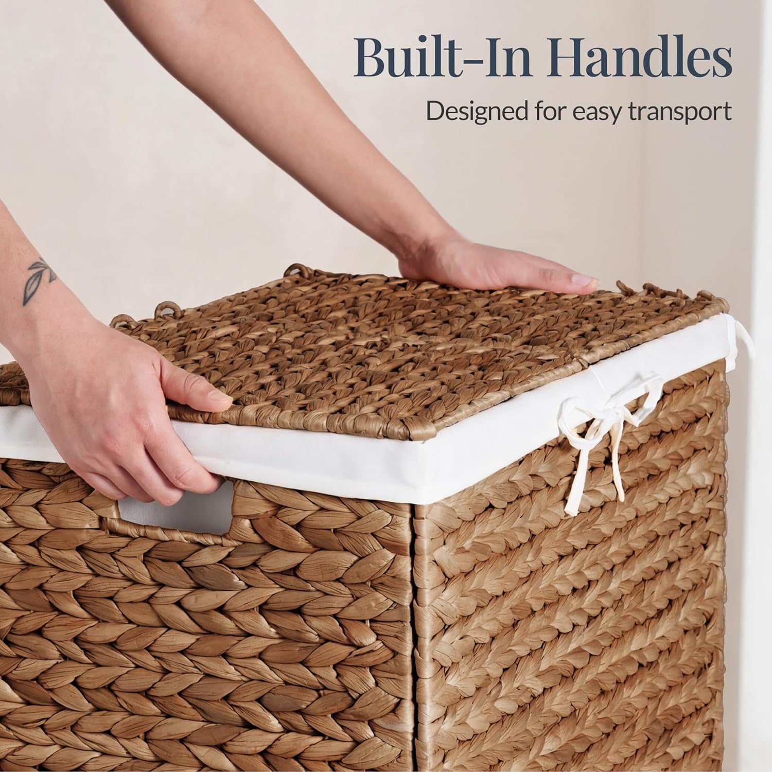 Best Choice Products Wicker Storage Basket W/ 2 Separate Lids, Rattan Woven 17.2 Gallon (65L) Basket, Foldable, Removable Washable Liner Bags for Toys, Linens, Blankets, & Laundry - Chestnut