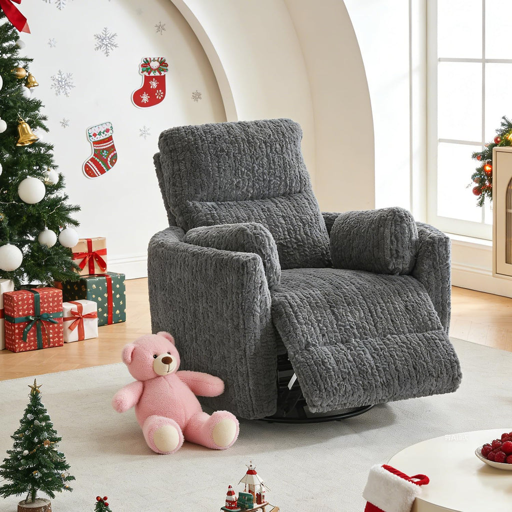 Nursery Rocking Chair, Boucle Upholstery Recliner with 2 Pillow, Swivel Glider Reclinerr, Power Reclining Sofa Chair for Living Room/Office/Apartment/Dark Gray