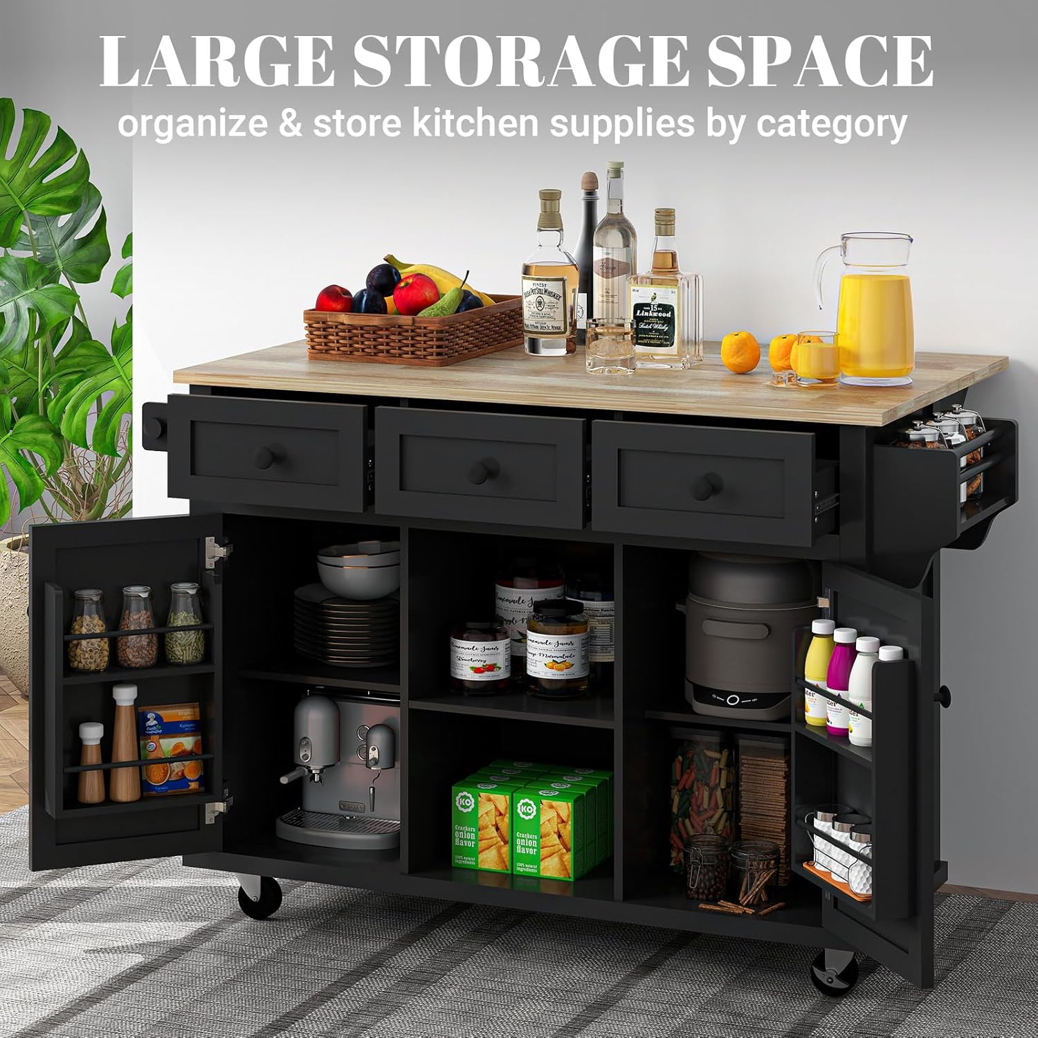 Rovibek Kitchen Island with Drawers 53 in Rolling Island Cart Mobile Portable Islands on Wheels Solid Wood Island with Storage Cabinet & Drawers, Jet Black