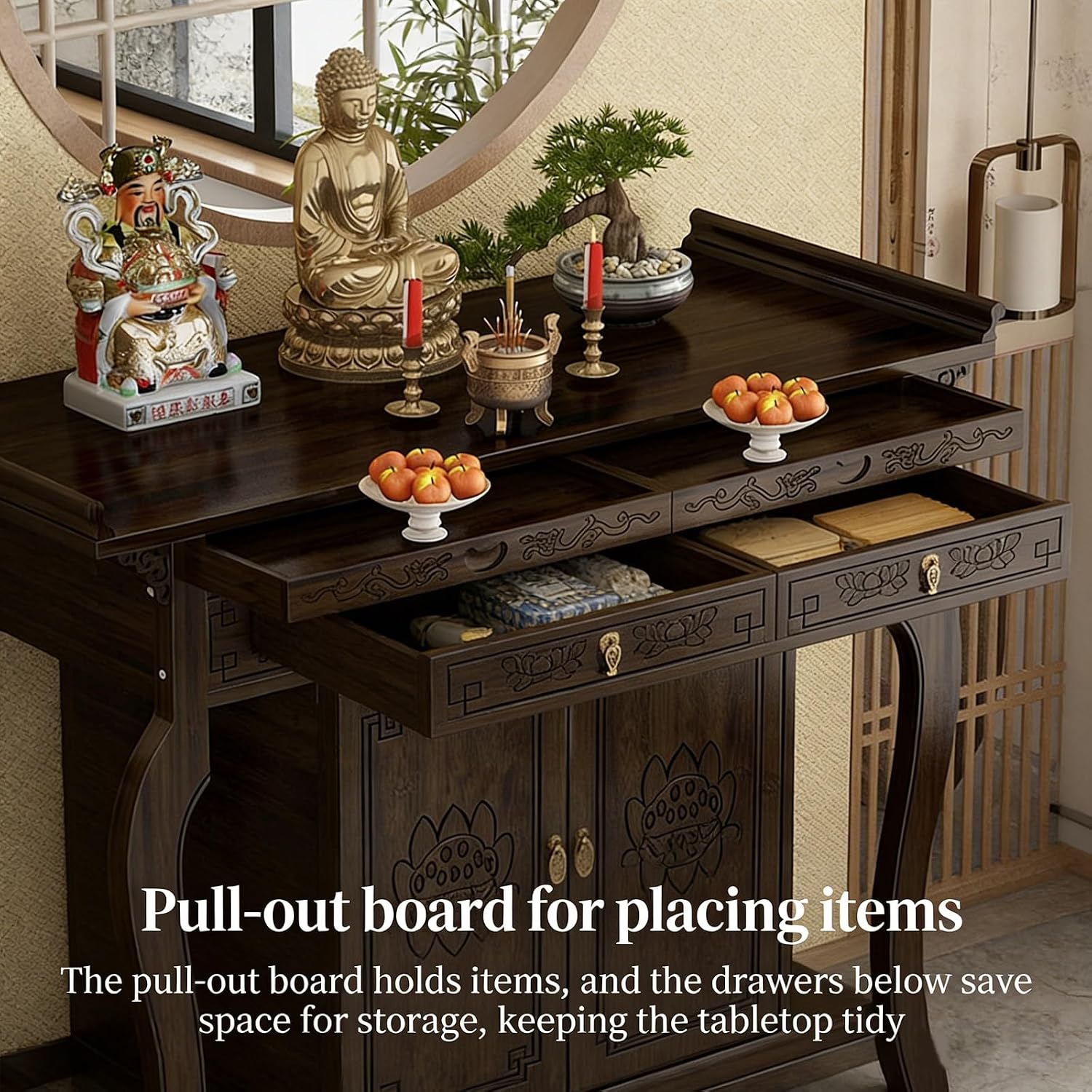 Bamboo Shrine Altar Table with Storage Personal Shrine Altar Table Buddha Niche Chinese Cabinet Vintage Buddhist Altar Offering Table(140x40x88cm)
