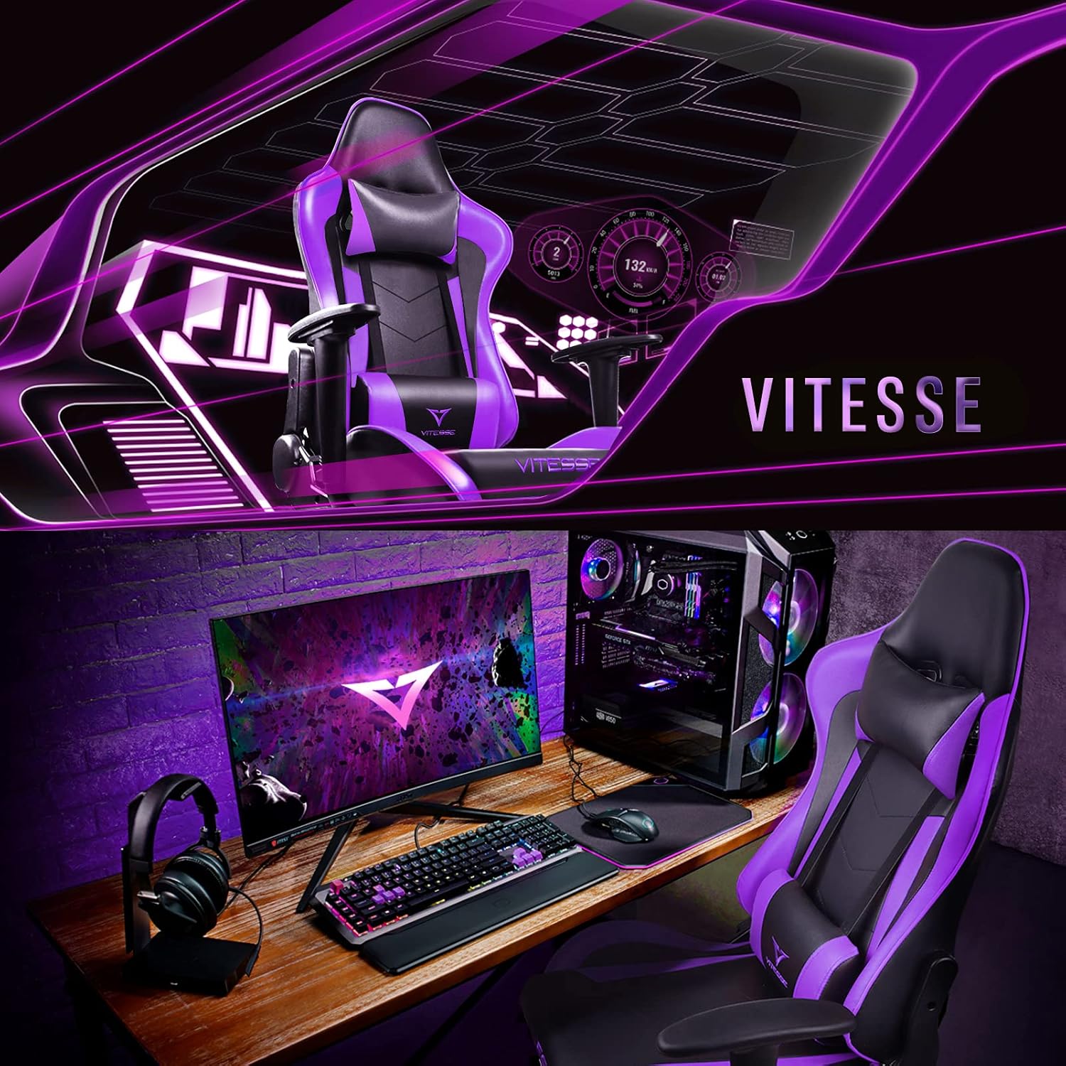 Gaming Chair,High Back Ergonomic Racing Gamer Chair with Lumbar Support and Headrest,Girl Computer Desk Chair with Height Adjustable(Purple)