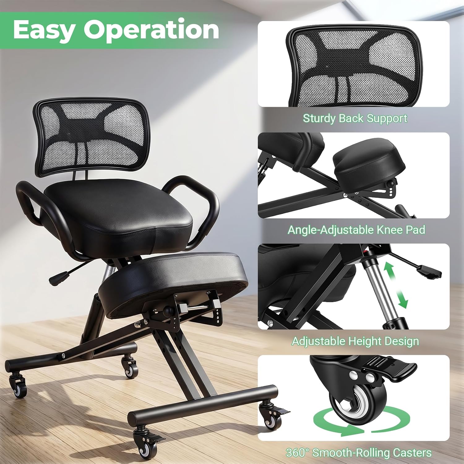 Adjustable Ergonomic Kneeling Chair, Rolling Knee Chair with Backrest and Brake Casters, Posture Support Office Chair for Home Office, Computer Desk, Study Room and Creative Workspaces