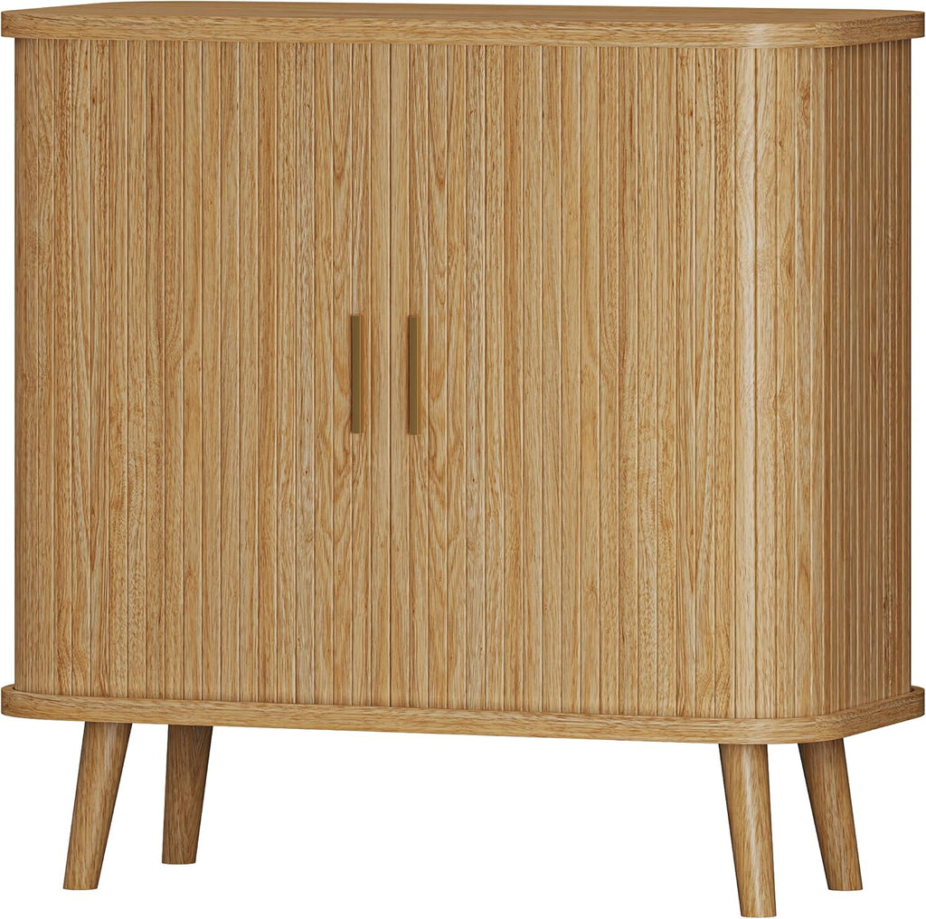 Xixini Sideboard Buffet Cabinet with Sliding Door, 31.5" Wide Fluted Modern Accent Cabinet with Adjustable Shelves, Wood Coffee Bar Buffet Console Table for Kitchen, Dining Room, Living Room, Oak
