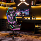 HOFFREE Gaming Chair with Bluetooth Speakers and Led Lights Massage Video Game Chair with Footrest Reclining High Back Computer Gamer Chair Purple and Black