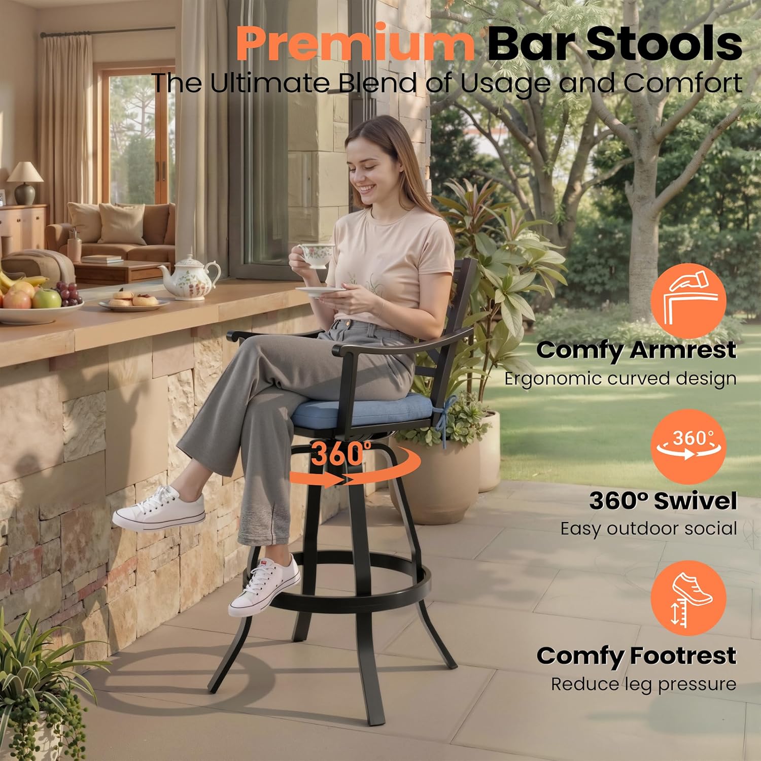 Pellebant Swivel Aluminum Outdoor Bar Stools Set of 4, 30" Patio Bar Height Bar Stools with Sunbrella Cushion & Back, Anti-Rust Barstools for Deck Backyard Garden, Spectrum Denim