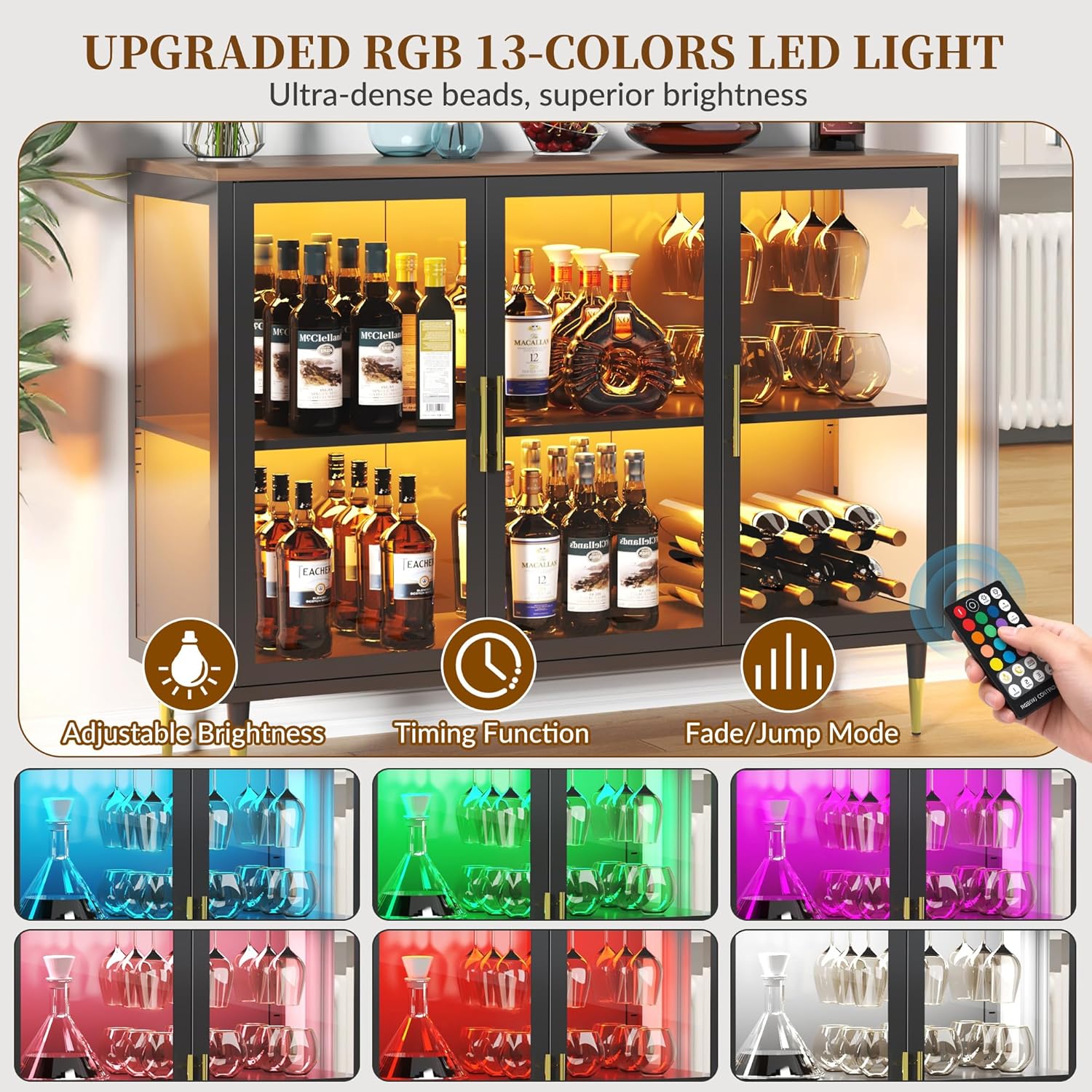 Glass Sideboard Buffet Cabinet with LED Lights, Metal & Wood Modern Storage Cabinet with 3 Glass Doors, Adjustable Shelves, Coffee Bar Cabinet for Kitchen, Entrance, Living Room, Dining Room, Black