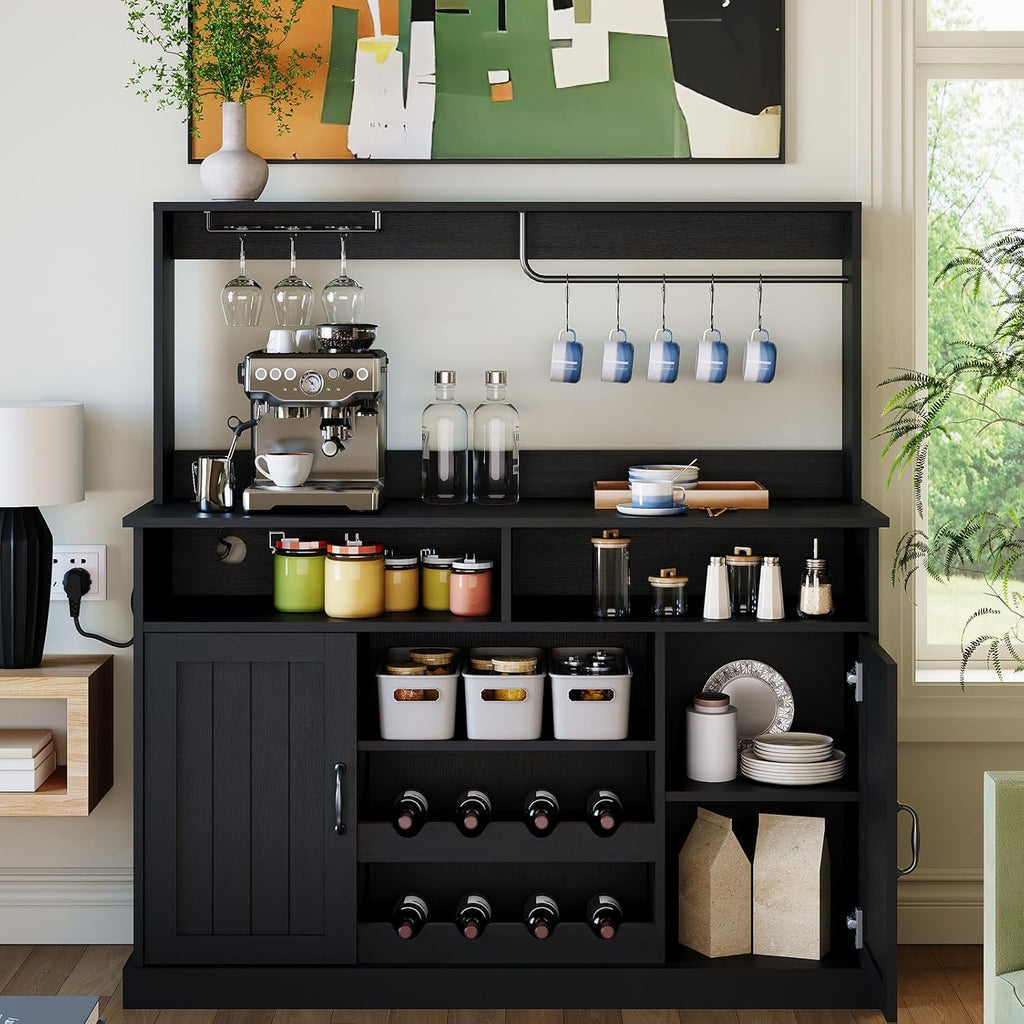 47" Farmhouse Buffet Sideboard Cabinet with Power Outlets Coffee Bar Cabinet with Storage, Large Buffet Storage Cabinet Table with Wine Racks, Goblet Holder, Hooks for Kitchen, Dining Room, Black