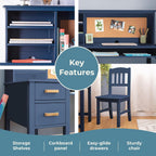 Guidecraft Taiga Kids Desk and Chair Set with Hutch - Navy: Wooden Computer Desk & Workstation | Kids Table with Storage, Drawers and Cubby Shelves, Children's Study Table & Chair Set