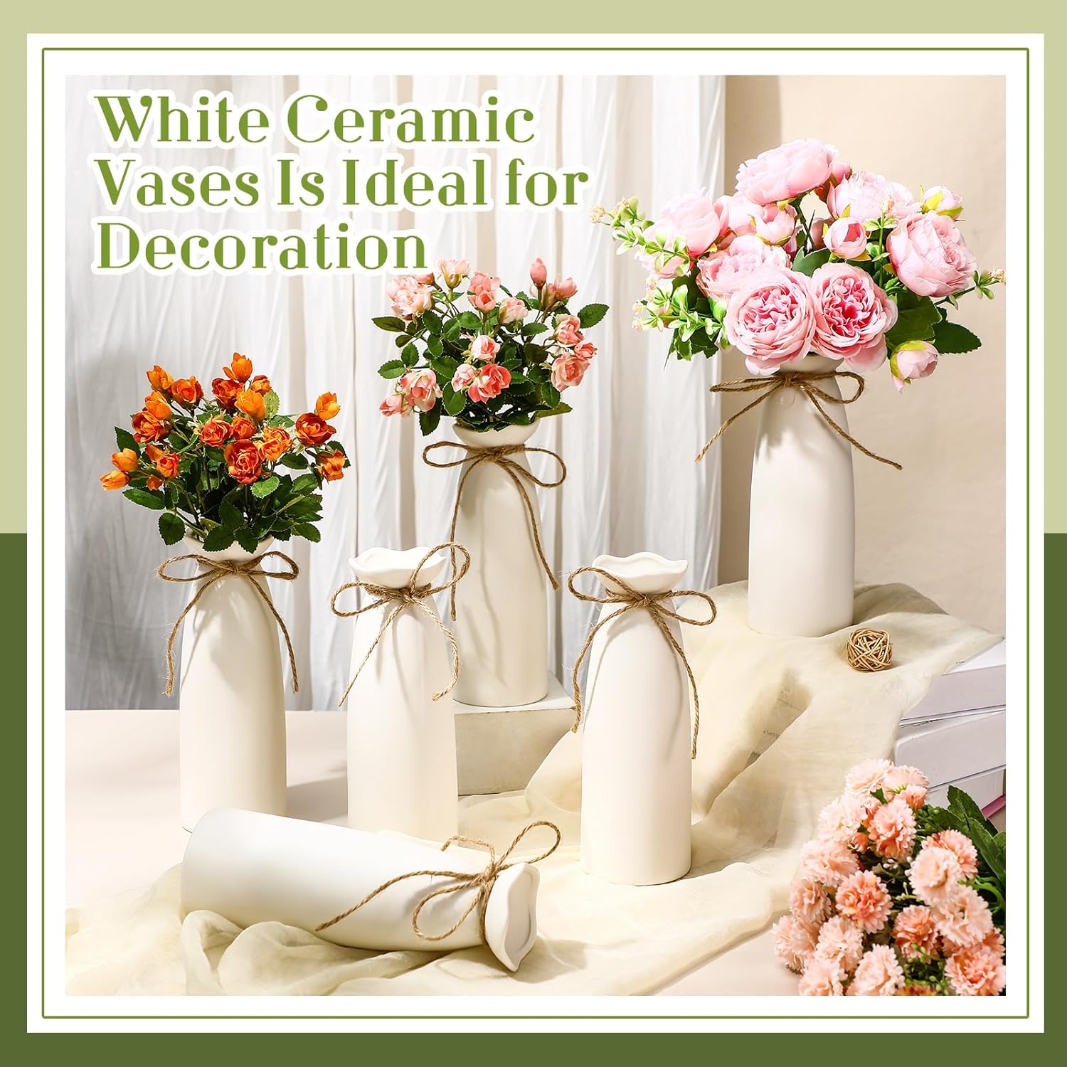 Qinyoung White Ceramic Bud Vase Set of 8, 8'' Small White Flower Vase for Centerpieces, Modern Floral Decor for Wedding Party Dining Table Home Decoration(Fashionable)