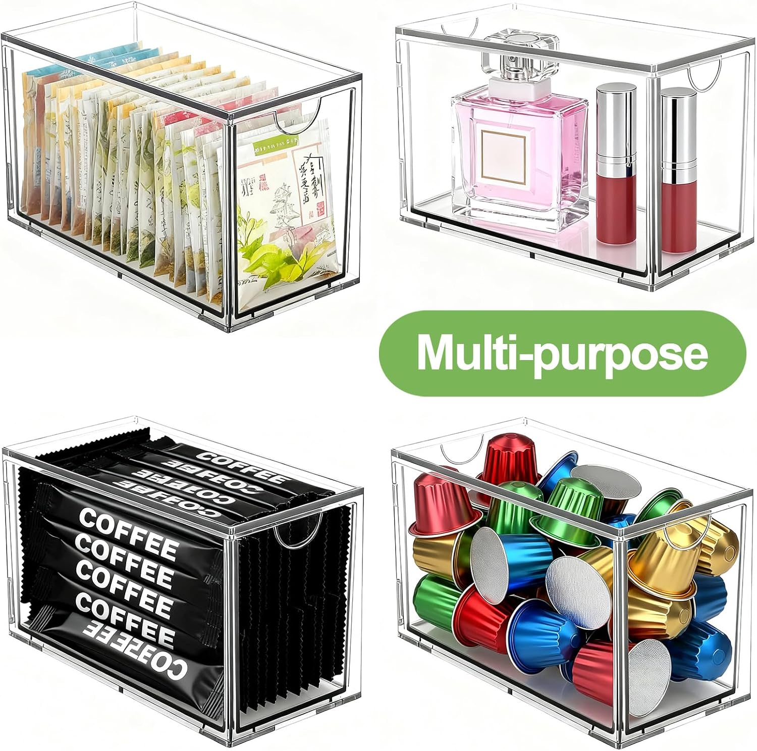 2 Pack Stackable Tea Bag Storage Organizer Drawers – Clear Acrylic Tea Bag Holder for Cabinet, Drawer, Pantry, Countertop – Kitchen Tea Storage Container