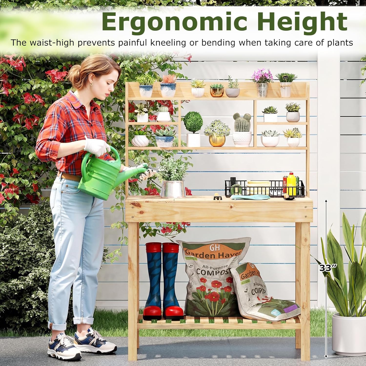 HAPPYGRILL Potting Bench Table, 60” Wood Garden Work Bench Workstation with Storage, Flip-Up Tabletop, Shelves & Hanging Hooks, Outdoor Garden Table for Patio, Lawn & Porch