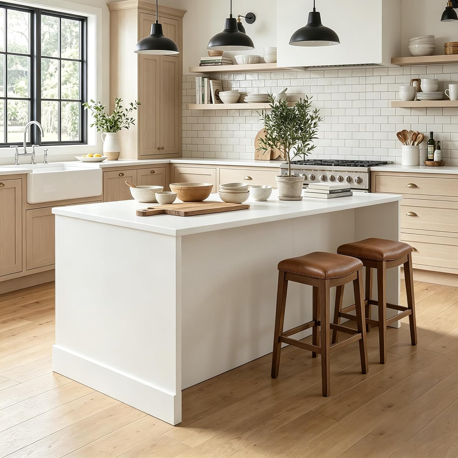 WOODTIME 78.7" W Kitchen Island with 4 Glass Doors, 8 Shelves & 2 Drawers, Farmhouse Kitchen Prep Table Stationery Storage Cabinet with Spacious Countertop & Vintage Handles for Dining Room, White