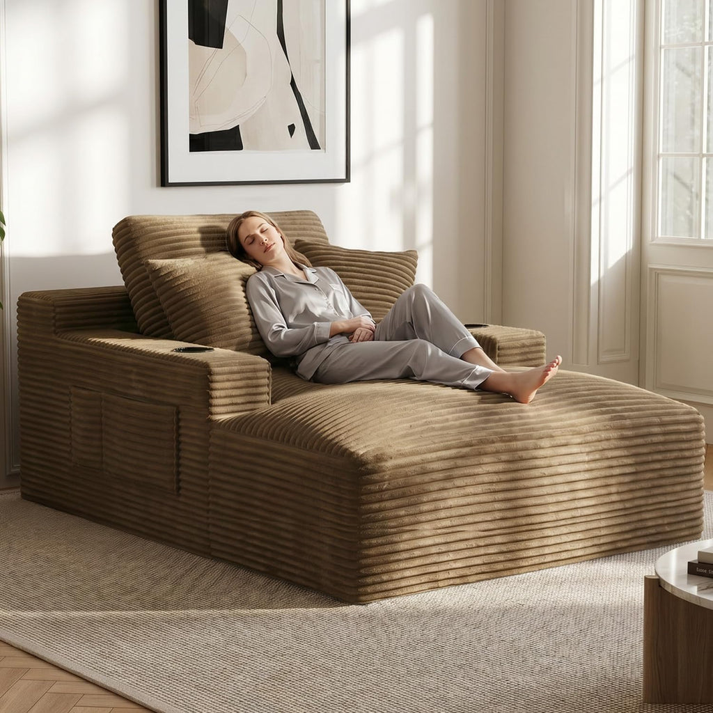 50"W x 76"D Oversized Chaise Lounge Chair Indoor Boneless Reading Chair Plush Corduroy Recliner with Cup Holders Large Deep Seat Comfy Sofa Bed Couch with 3 Pillows for Living Room Bedroom, Camel