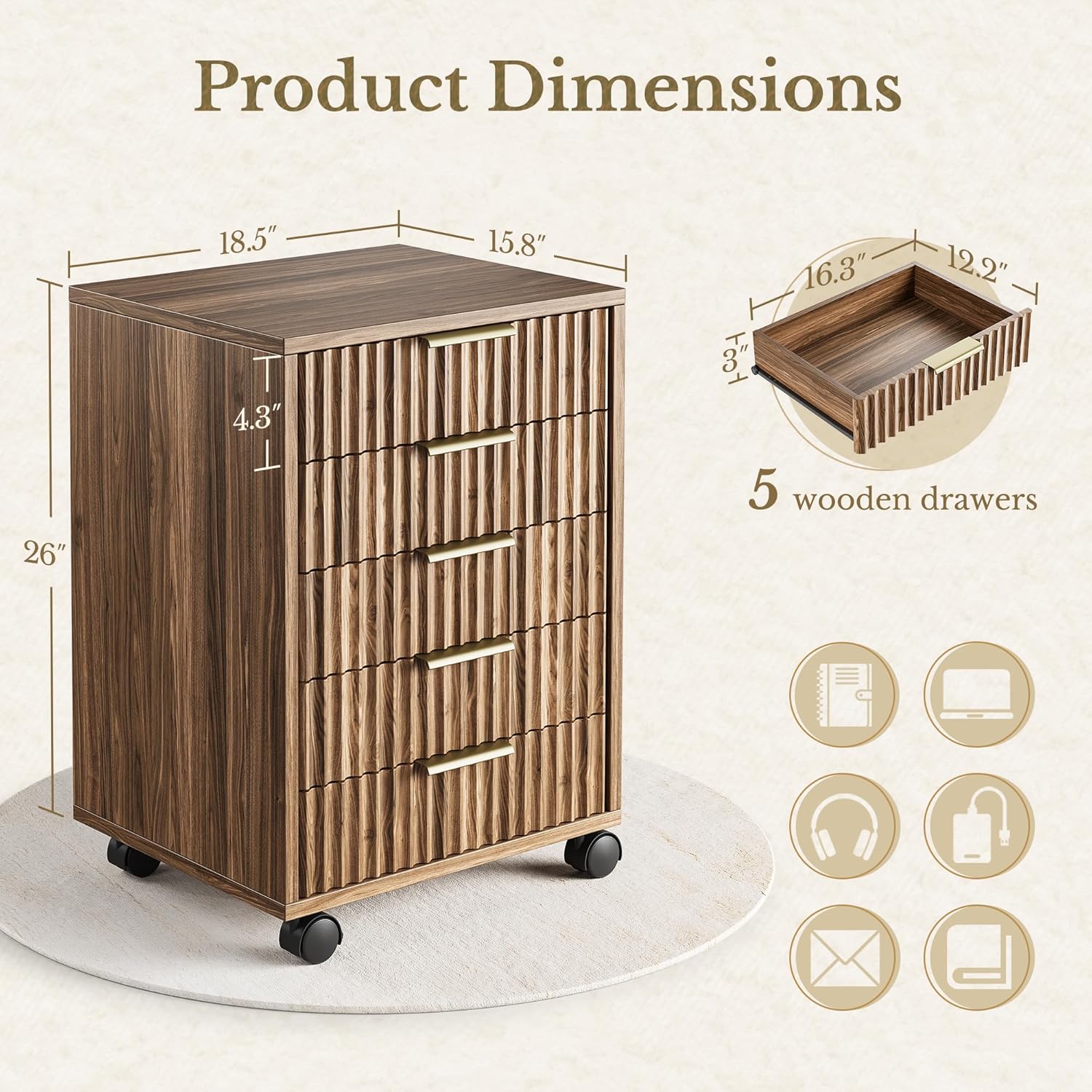 5 Drawer Chest, Under Desk Storage Wood Drawers with Wheels, Fluted File Cabinet for Home Office, Black Walnut
