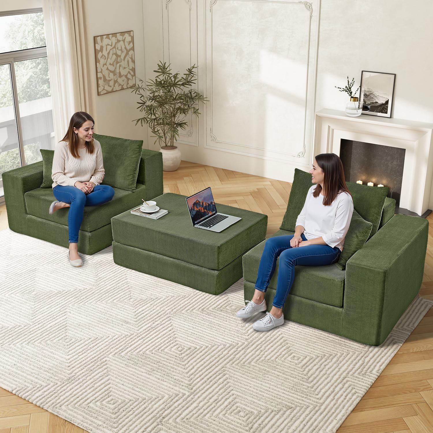 80" Sectional Couches for Living Room,Customizable Boneless Couch, Convertible Modular Sectional Sofa Bed, Plush Corduory Sleeper Sofa, Folding Futon L Shaped Couch No Assembly(Green)