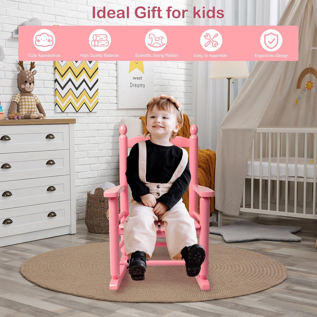 Outvita Outdoor Children's Rocking Chair, All-Weather Wooden Porch Rocker with High Backrest, Ideal for Garden, Yard, and Balcony, Patio Rocking Chair Suitable for Kids Ages 3-6(Pink)
