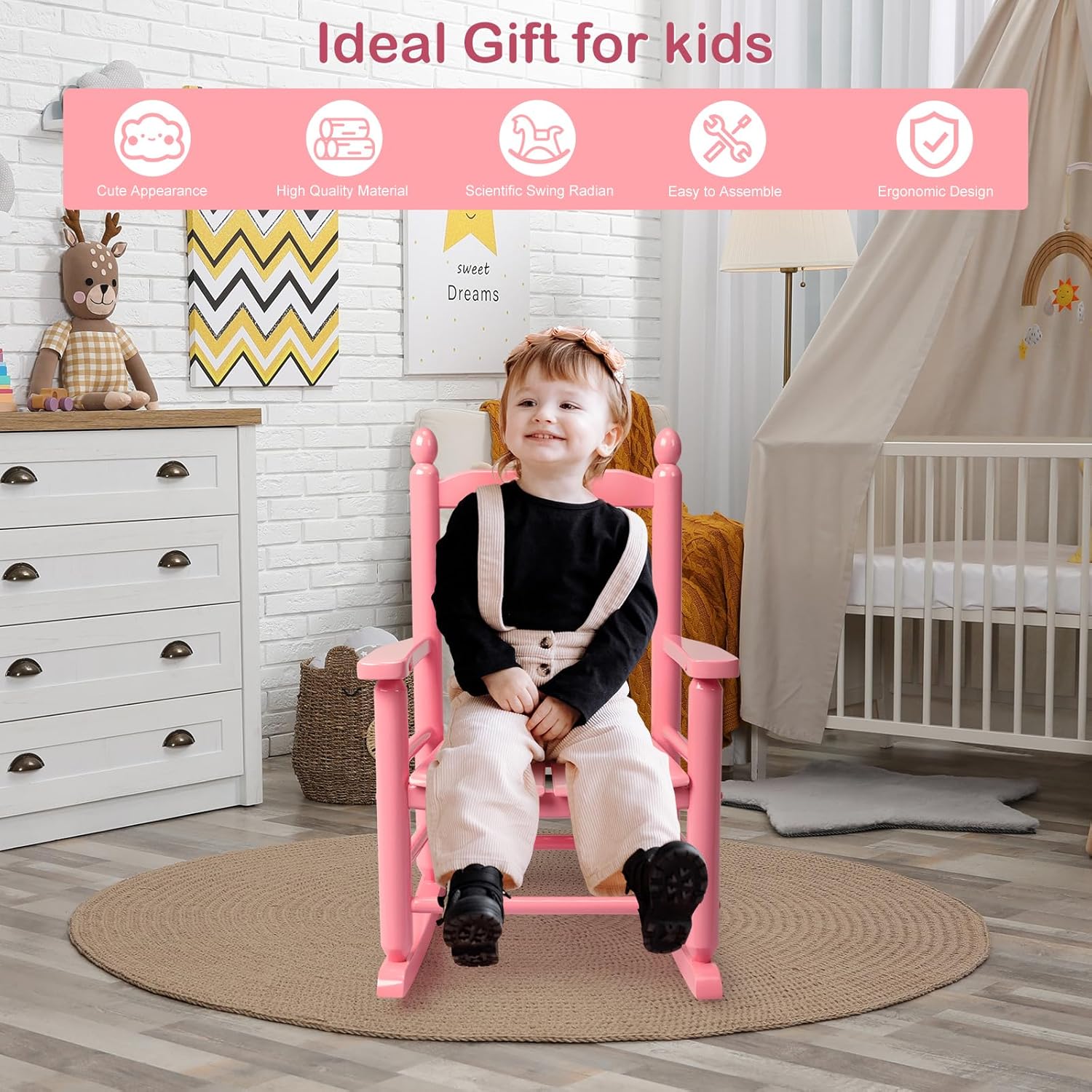 Outvita Outdoor Children's Rocking Chair, All-Weather Wooden Porch Rocker with High Backrest, Ideal for Garden, Yard, and Balcony, Patio Rocking Chair Suitable for Kids Ages 3-6(Pink)