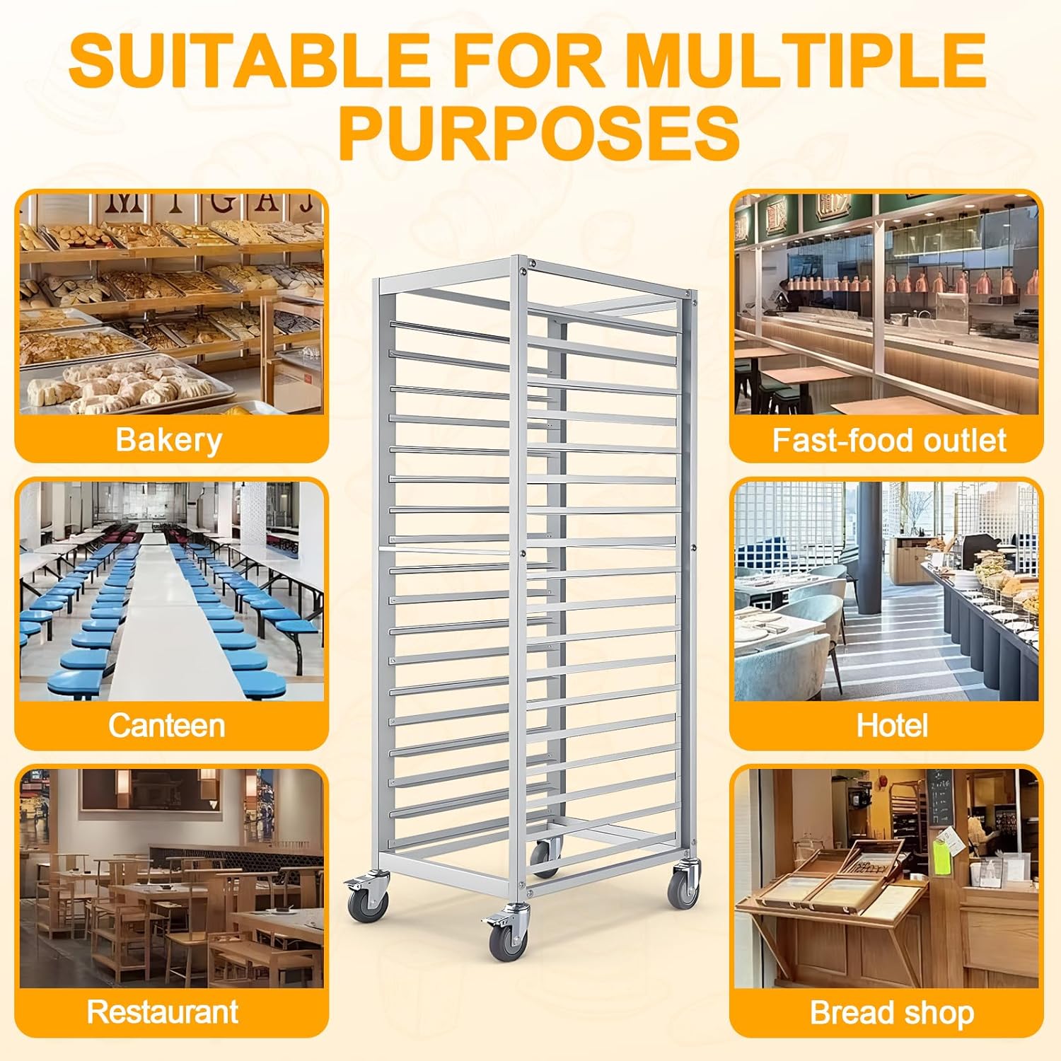 Bun Pan Rack,18 Tier Aluminum Commercial Bakery Racks with 4 Wheels, Home Commercial Kitchen Bakery Cooling Rack for Restaurant Cafeteria Pizzeria, 18.5" W x 24.6" Lx 70" H