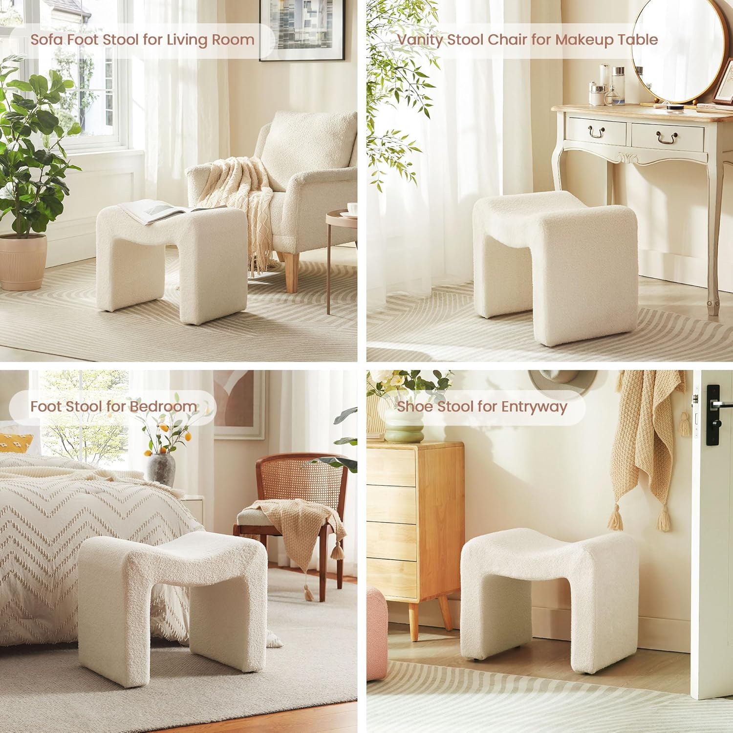 Ottoman Vanity Stool Chair Small Footstool Seating Backless Modern Foot Rest Teddy Velvet Ottoman for Makeup Room Living Room Bedroom Entryway,White (Single 1)