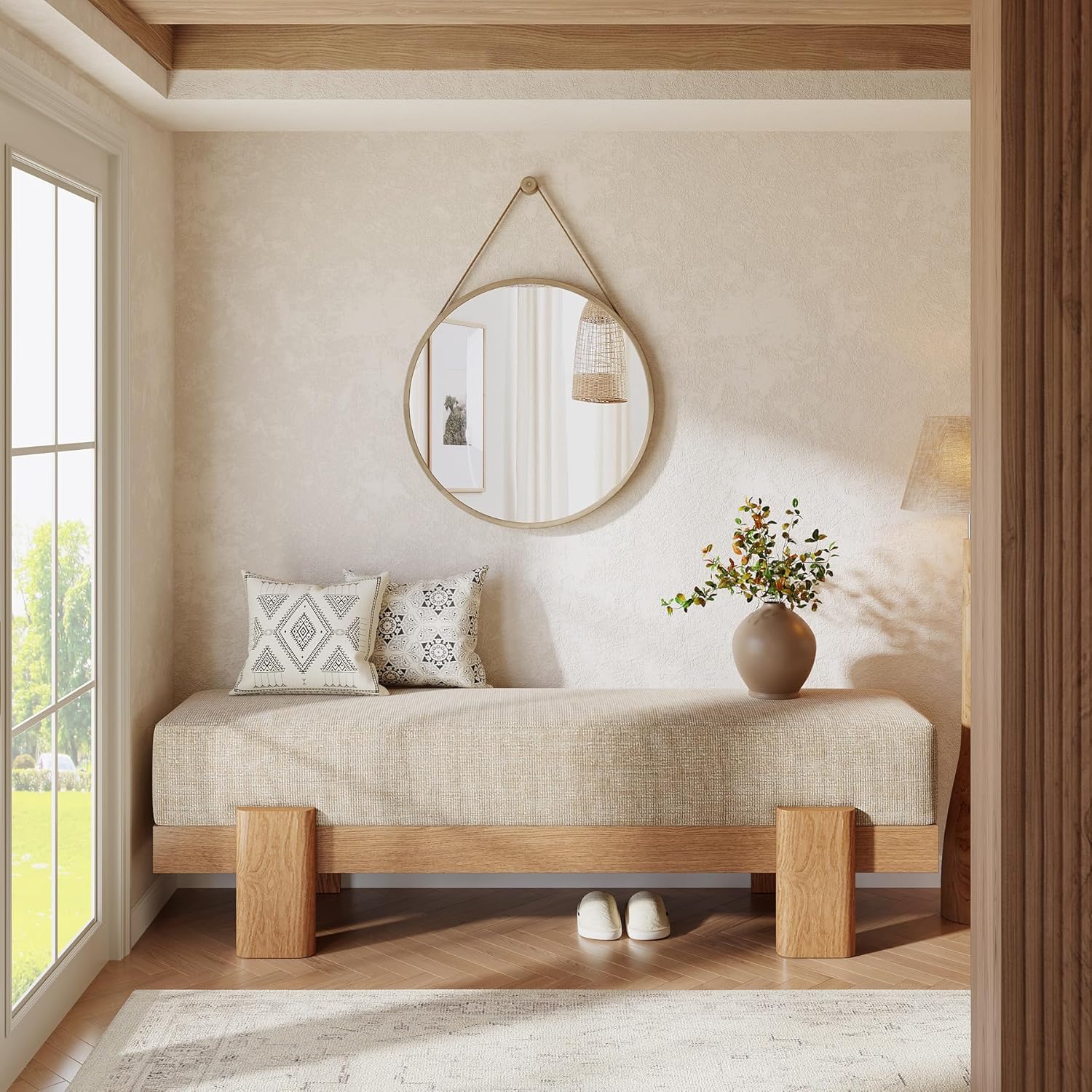 Tribesigns 55-Inch Upholstered Entryway Bench, Modern Shoe Bench with Ultra-Plush Thick Cushion and MDF Frame, End of Bed Stool Long Ottoman for Entrance, Living Room (Beige & Oak)
