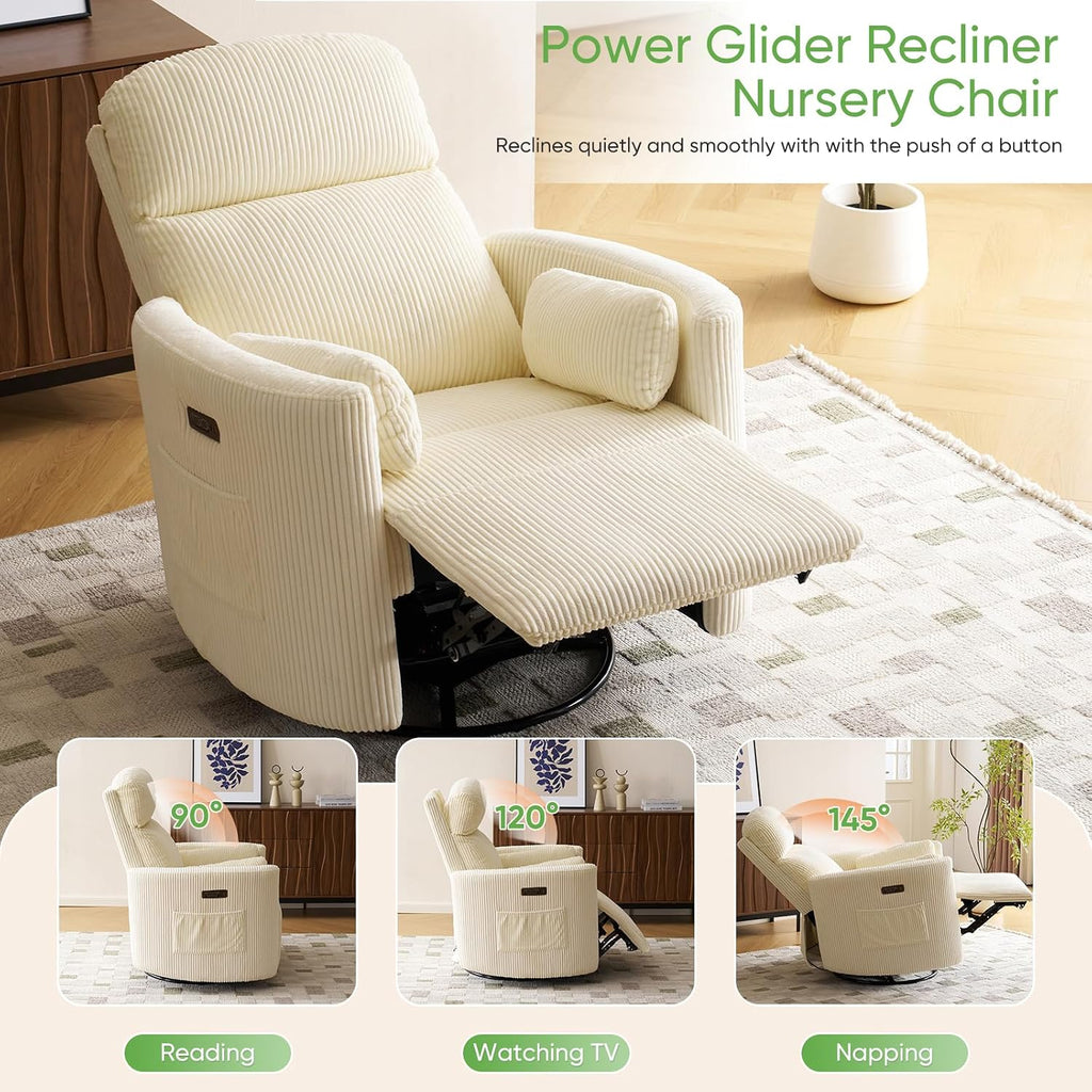 Oversized Power Recliner with Massage and Heat, Swivel Rocker Recliner with Adjustable Headrest, Glider Recliner Nursery Chair with 2 Pillows, rocking nursery recliner for Living Room,Corduroy Beige